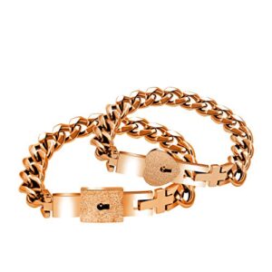 Rose Gold Plated Square & Heart Lock Bangle Bracelets for Couples, Matching Cuban Chain Bracelet Set for Boyfriend and Girlfriend Y853 (rose gold)