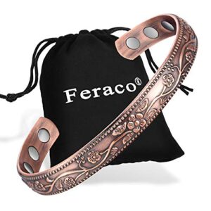 Feraco Magnetic Copper Bracelet for Women,Magnetic Therapy Bracelet for Arthritis Pain Relief,High Gauge 99.9% Solid Copper with Magnets, Anti-Allergies Vintage Flower Copper Magnetic Bracelets